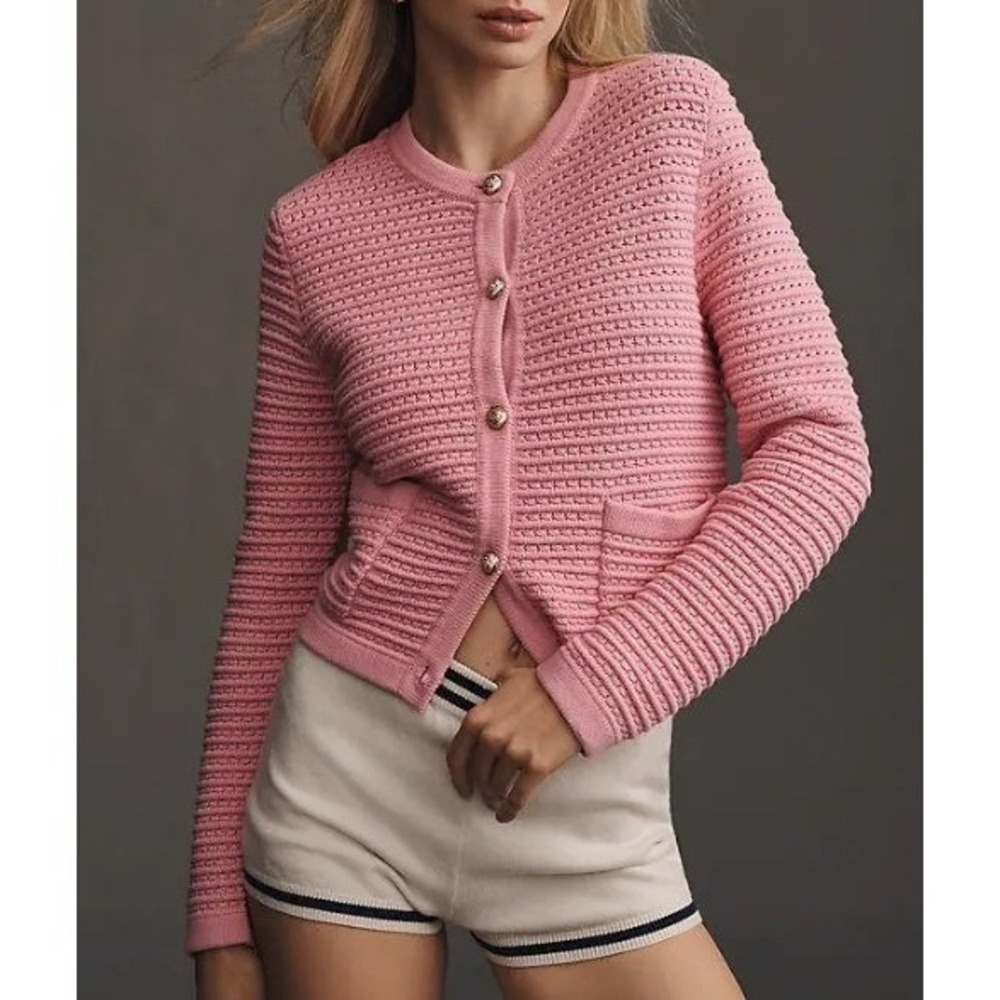 NVLT Textured Button Front Cardigan Sweater Womens XL Pink Gold Crest Preppy